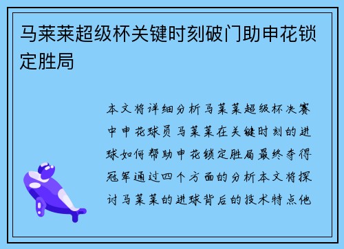 马莱莱超级杯关键时刻破门助申花锁定胜局